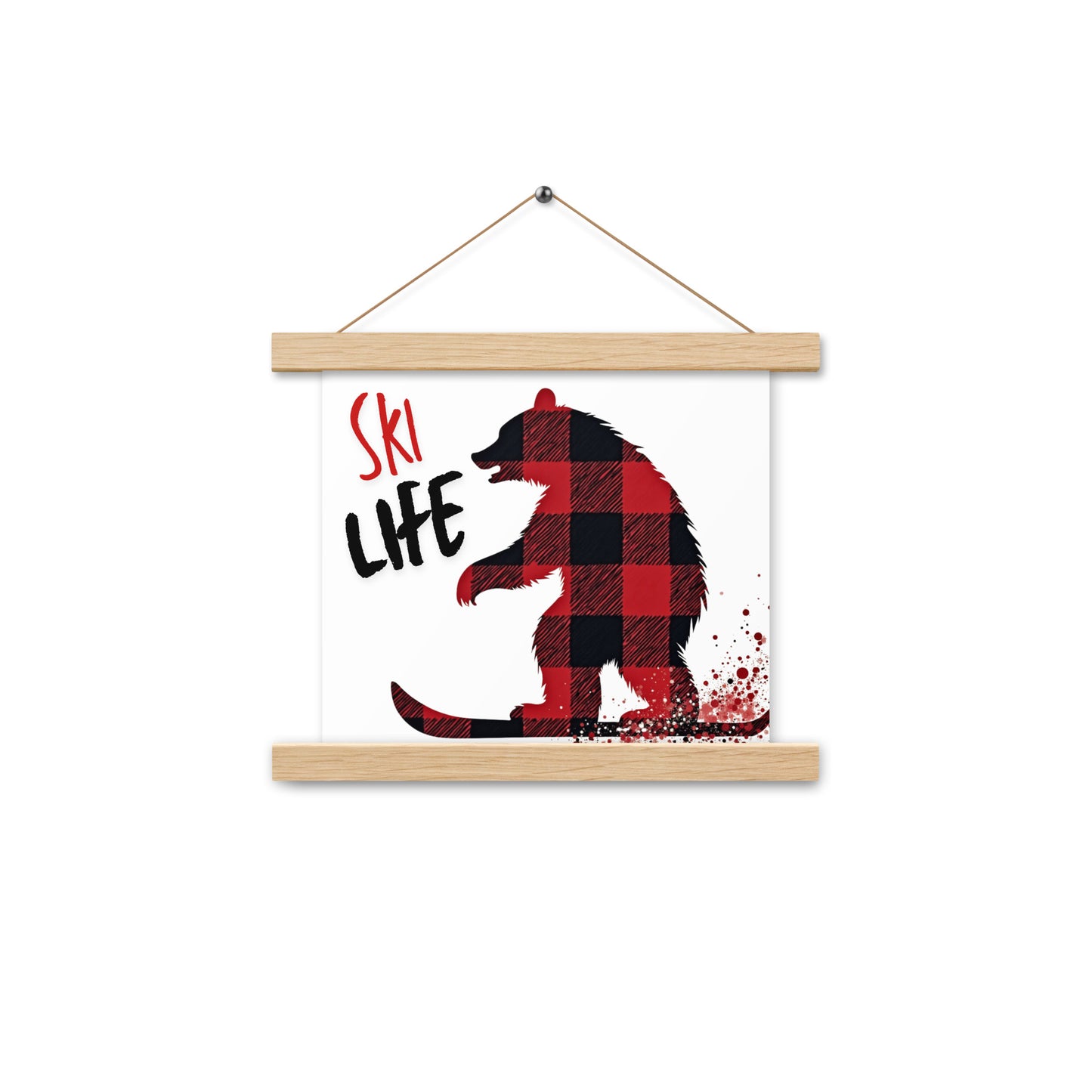 Ski Life Poster with Wooden Hangers – Plaid Bear Design, Various Sizes Available