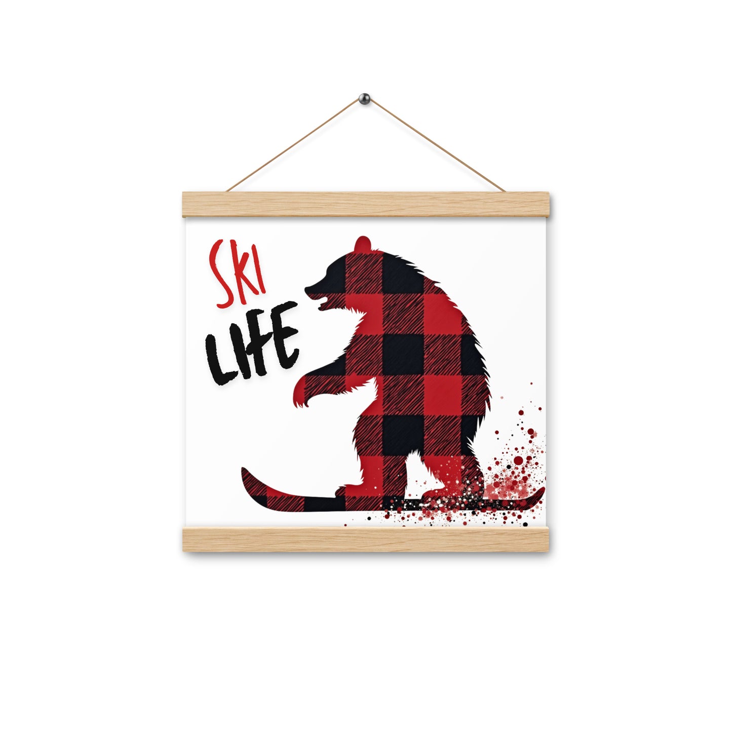 Ski Life Poster with Wooden Hangers – Plaid Bear Design, Various Sizes Available