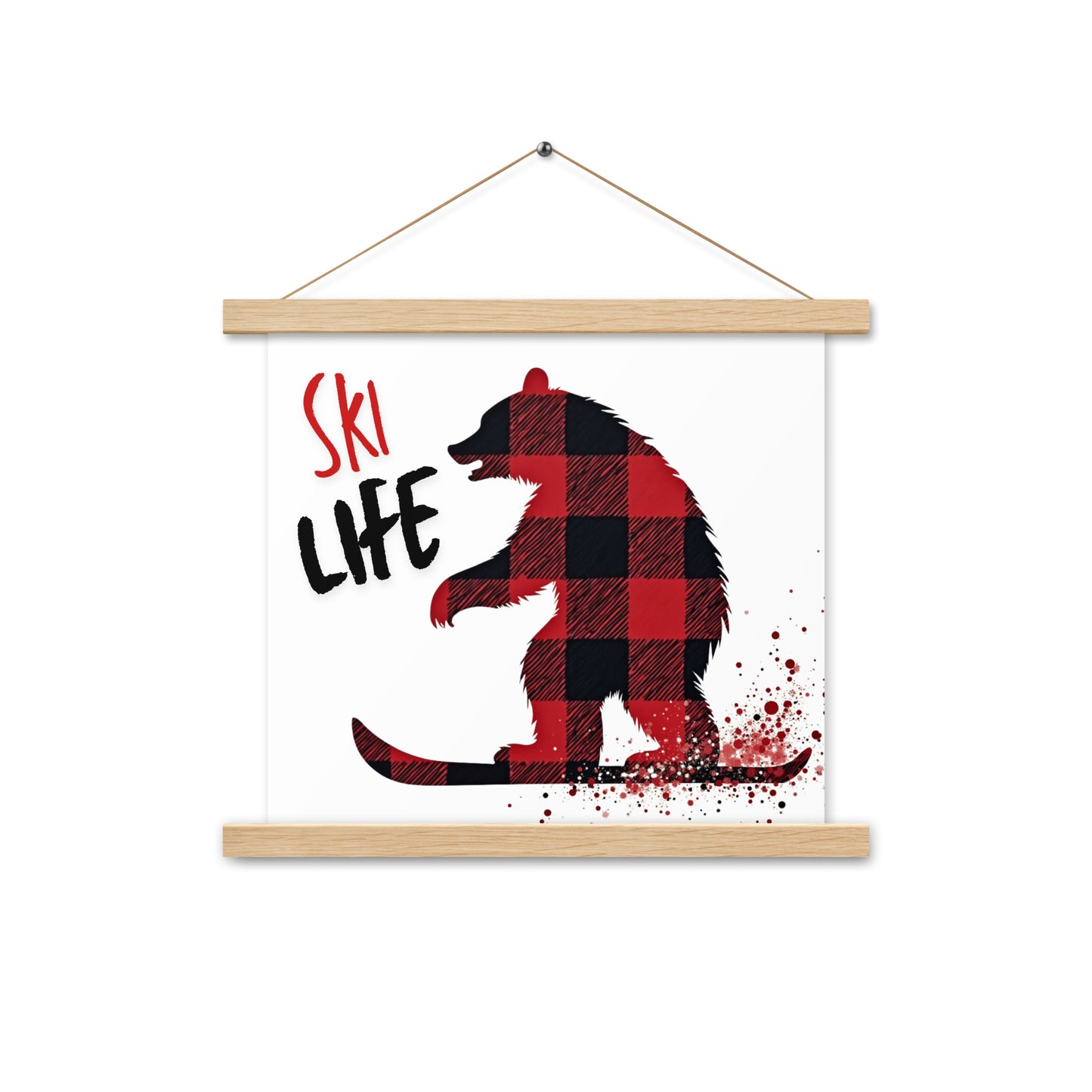 Ski Life Poster with Wooden Hangers – Plaid Bear Design, Various Sizes Available