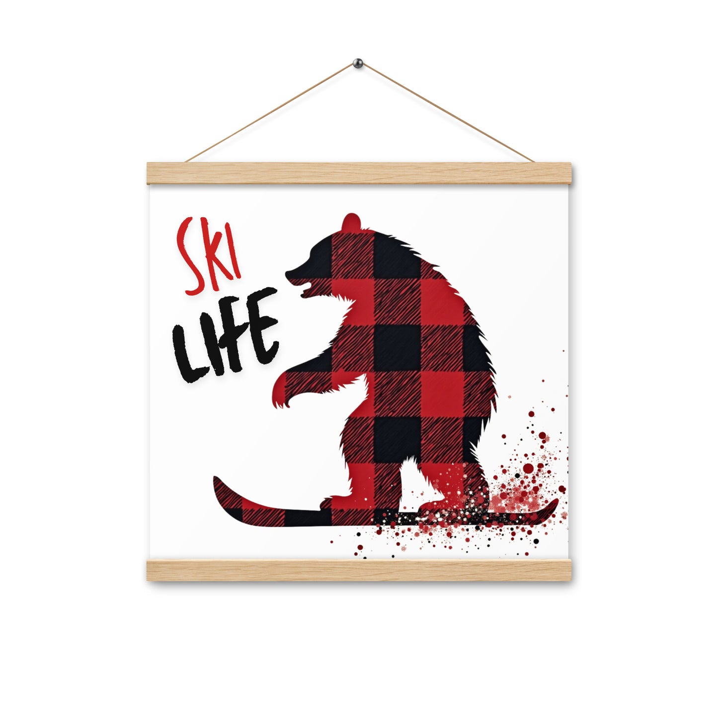 Ski Life Poster with Wooden Hangers – Plaid Bear Design, Various Sizes Available