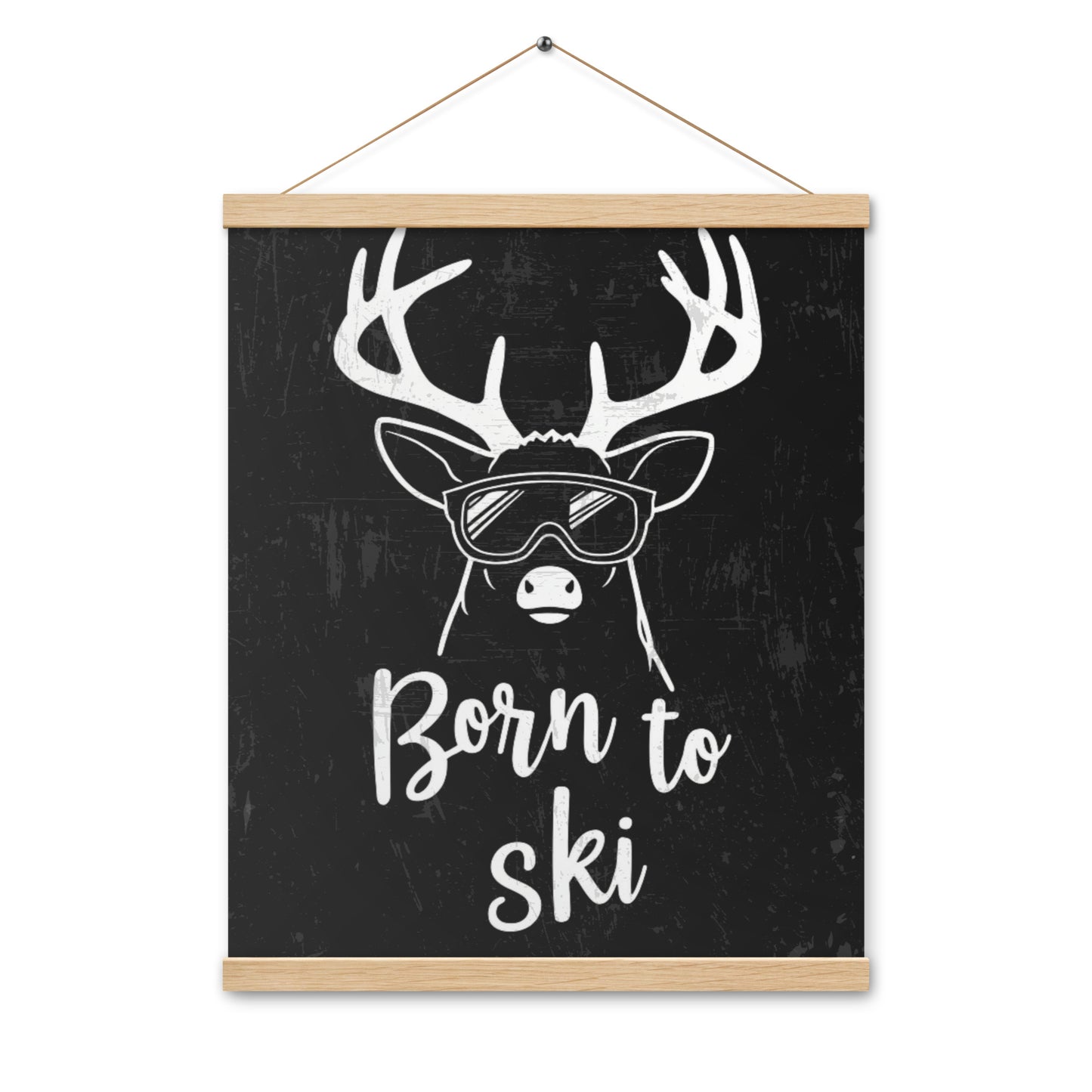 Born to Ski Poster with Wooden Hangers – White Deer Design on Black Background