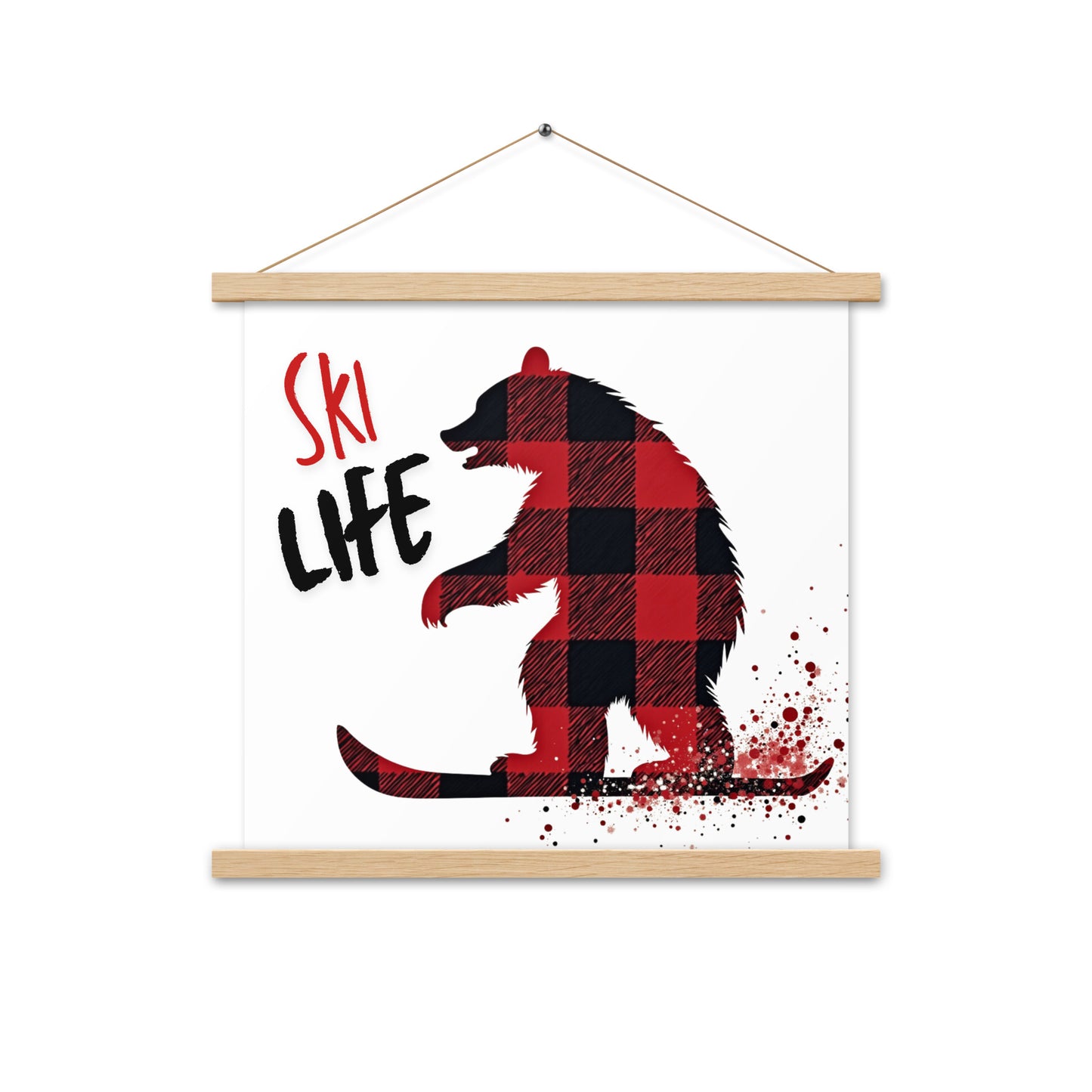 Ski Life Poster with Wooden Hangers – Plaid Bear Design, Various Sizes Available