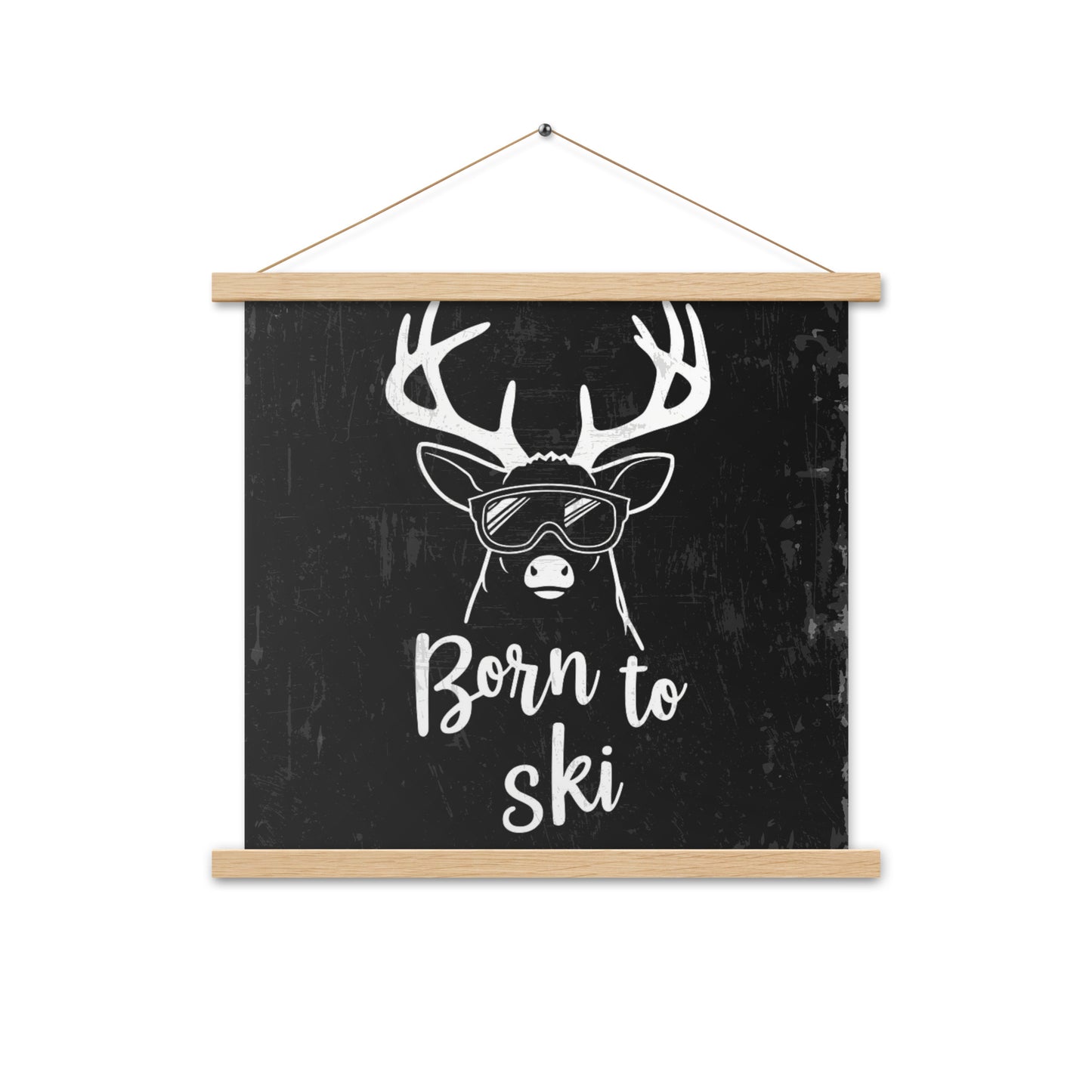 Born to Ski Poster with Wooden Hangers – White Deer Design on Black Background