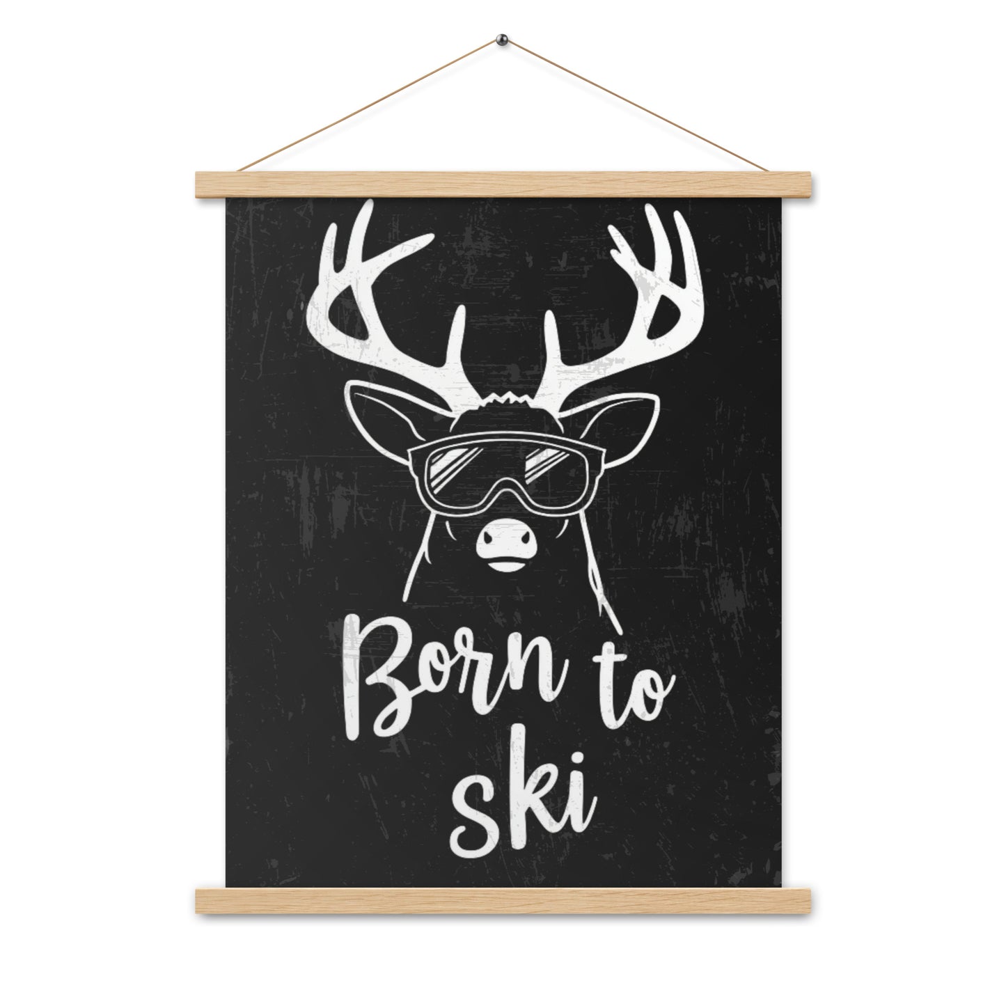 Born to Ski Poster with Wooden Hangers – White Deer Design on Black Background