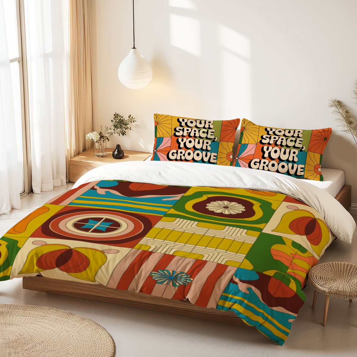 Retro Groovy Bedding Set 70s Aesthetic Queen Duvet Cover Boho Colorful Bed Set with Funky Pillowcases