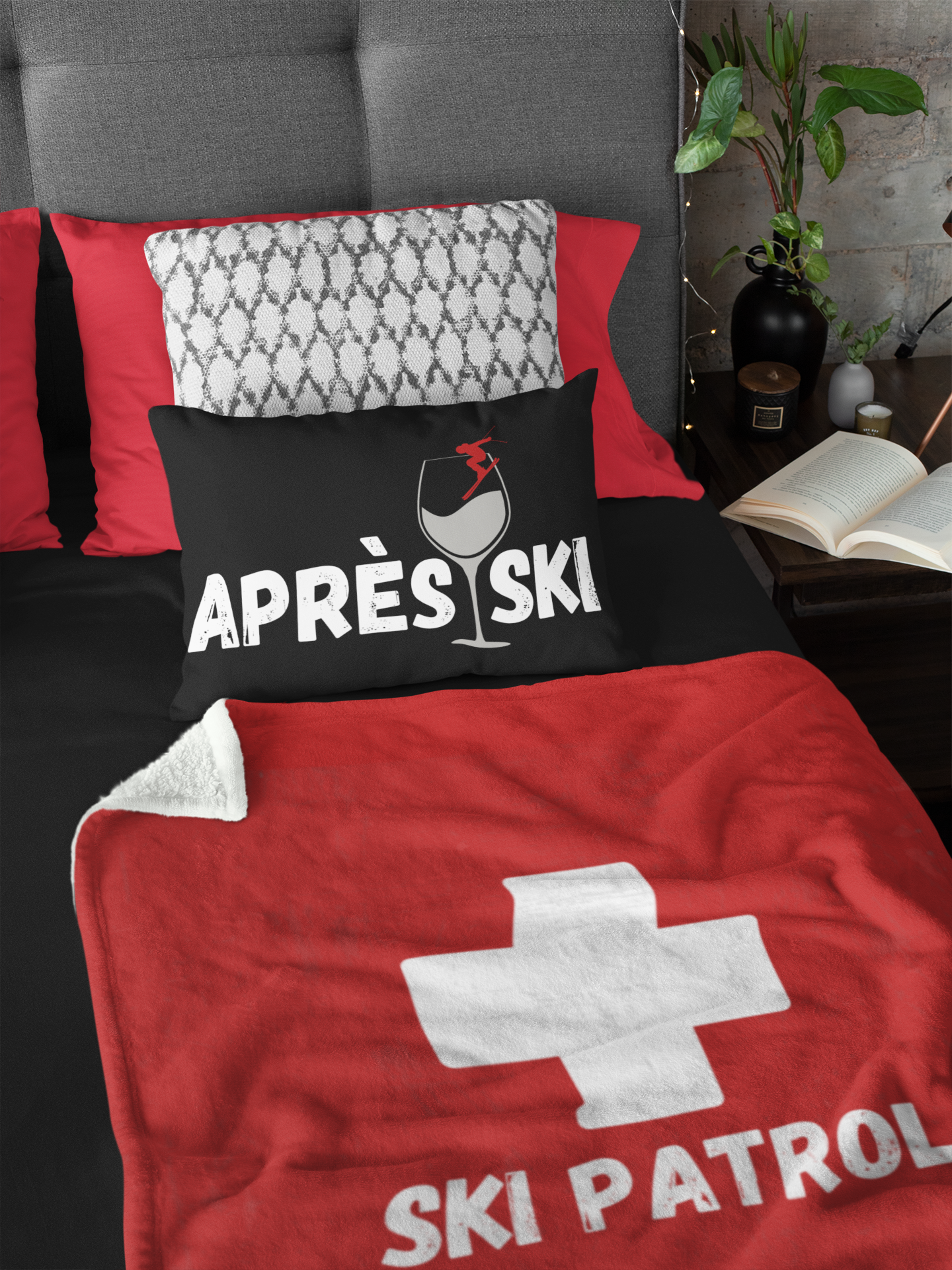 Après Ski 12x20 Black Pillow –  Wine Glass & Skier for Cozy Winter Decor