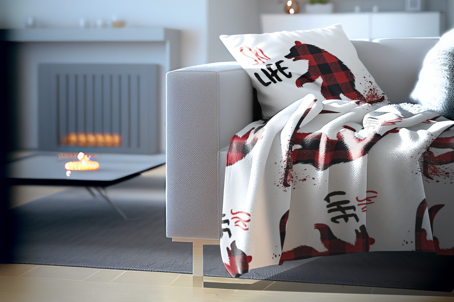 Ski Life Pillow – Cozy Plaid Bear Design for Ski Lovers, Available in 18x18 and 22x22