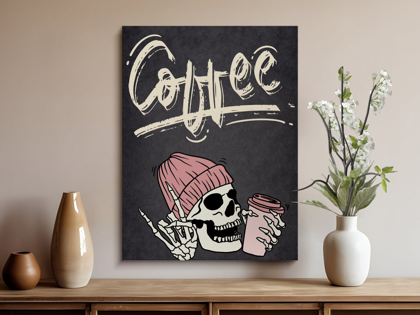 Coffee Skull Art Print: Chalkboard Style Wall Decor, Black & White Hipster Poster