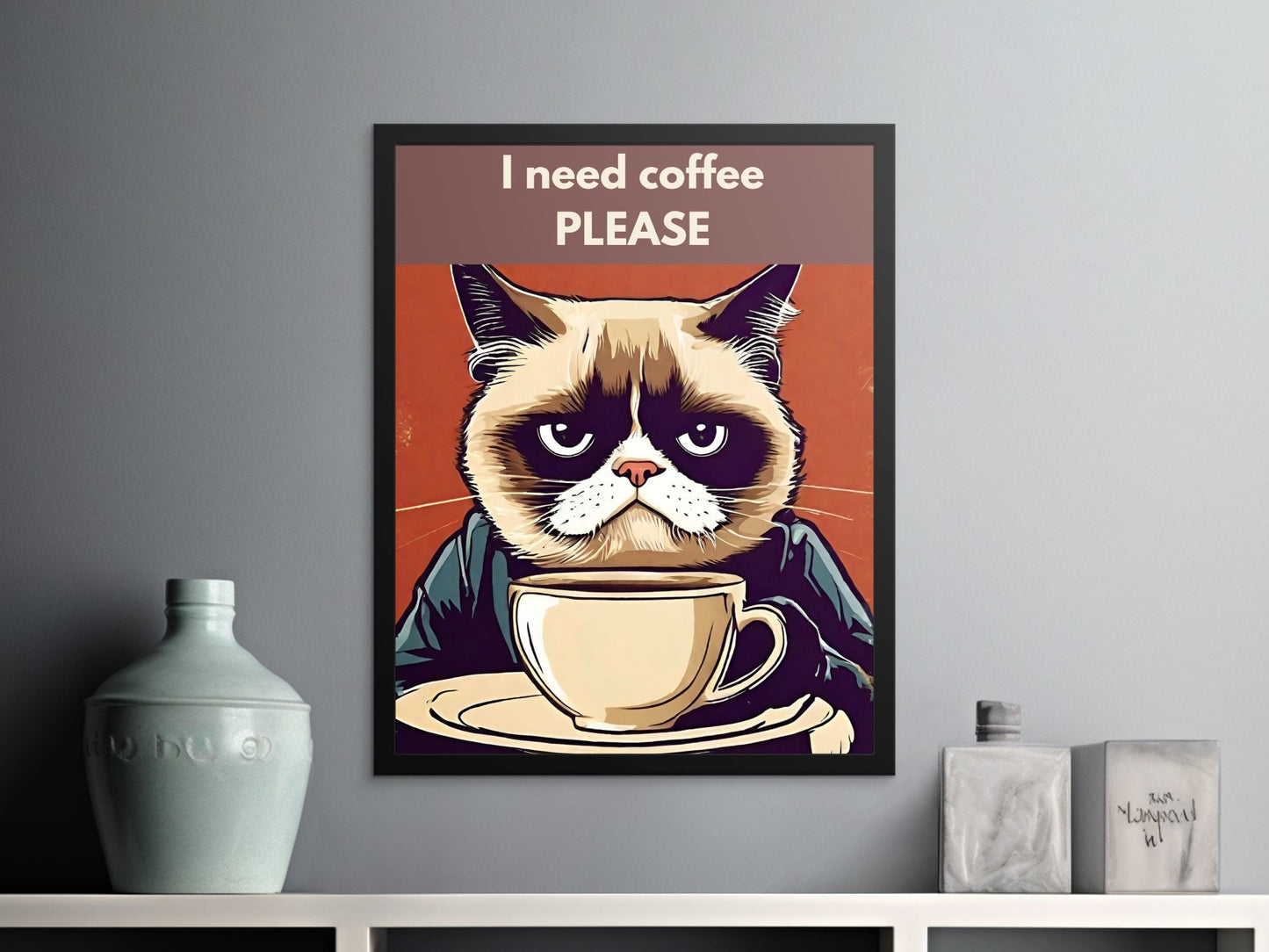 Grumpy Cat Coffee wall art print Lovers, Impression numérique, Funny Kitchen Wall Art, Cafe Decor, I Need Coffee Please Poster, Humour, Bureau