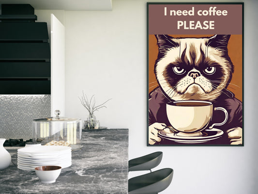 Affiche drôle de café de chat grincheux, impression numérique d’art mural de cuisine, décoration de maison moderne imprimable, cadeau d’amant de chat, œuvre d’art de citation originale, humour