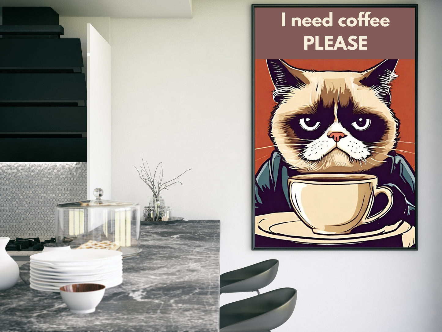 Grumpy Cat Coffee wall art print Lovers, Impression numérique, Funny Kitchen Wall Art, Cafe Decor, I Need Coffee Please Poster, Humour, Bureau