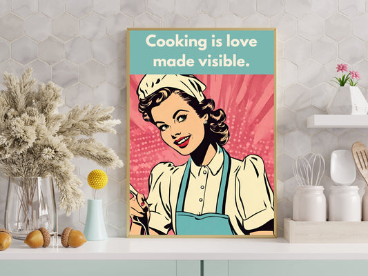 Art mural de cuisine rétro, affiche numérique de citation d’amour de cuisine, décoration de maison imprimable de style vintage, illustration de dicton inspirant du chef