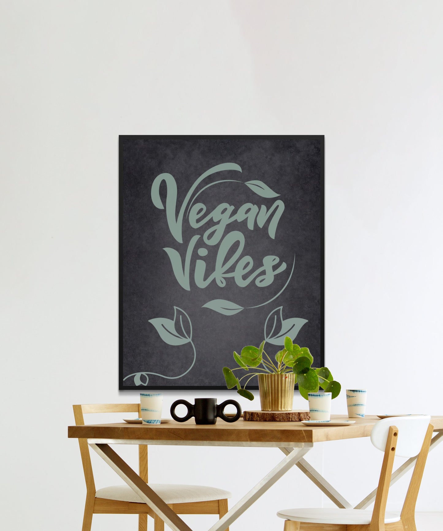 Vegan Vibes Printable Wall Art, Kitchen Decor Digital Poster, Typographie verte moderne, Illustration de style de vie à base de plantes, Cadeau écologique