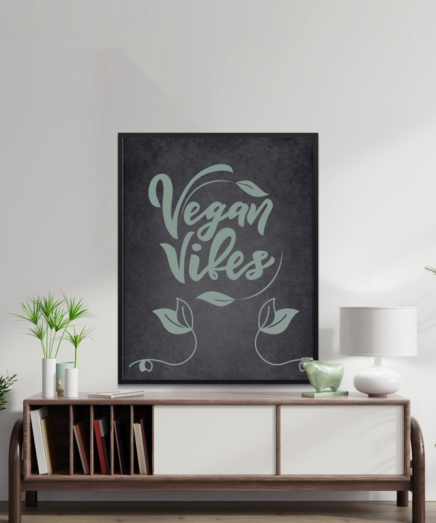 Vegan Vibes Printable Wall Art, Kitchen Decor Digital Poster, Typographie verte moderne, Illustration de style de vie à base de plantes, Cadeau écologique