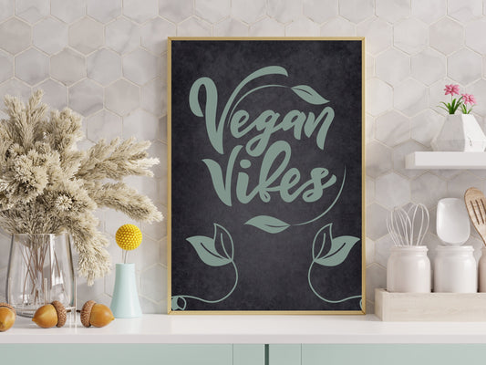 Vegan Vibes Printable Wall Art, Kitchen Decor Digital Poster, Typographie verte moderne, Illustration de style de vie à base de plantes, Cadeau écologique