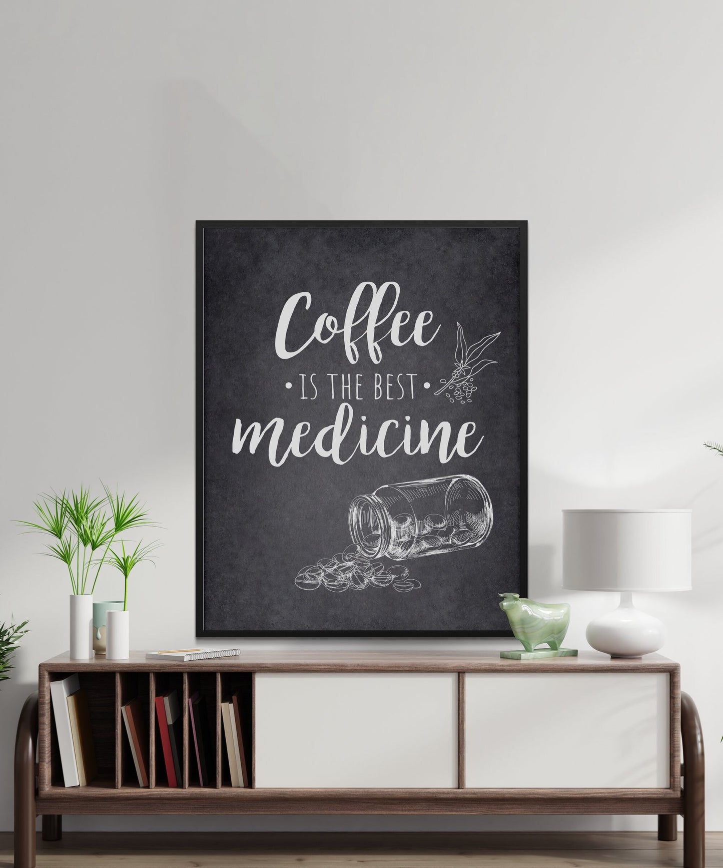 Le café est la meilleure affiche numérique de médecine, art mural de cuisine, décoration intérieure moderne, citation de café imprimable, style minimaliste de tableau noir