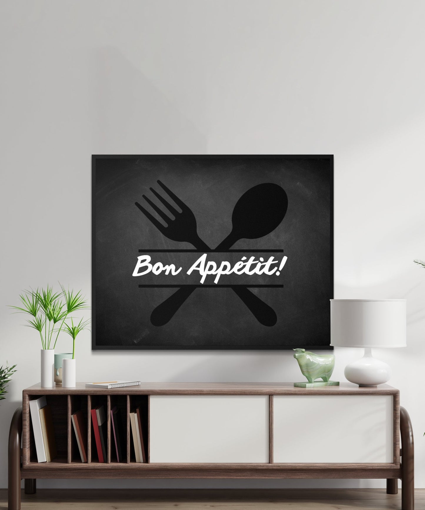 Bon appétit! Fourchette et cuillère tableau noir cuisine impression, décor de café, art mural noir blanc, œuvre d’art numérique chic de salle à manger, couverts