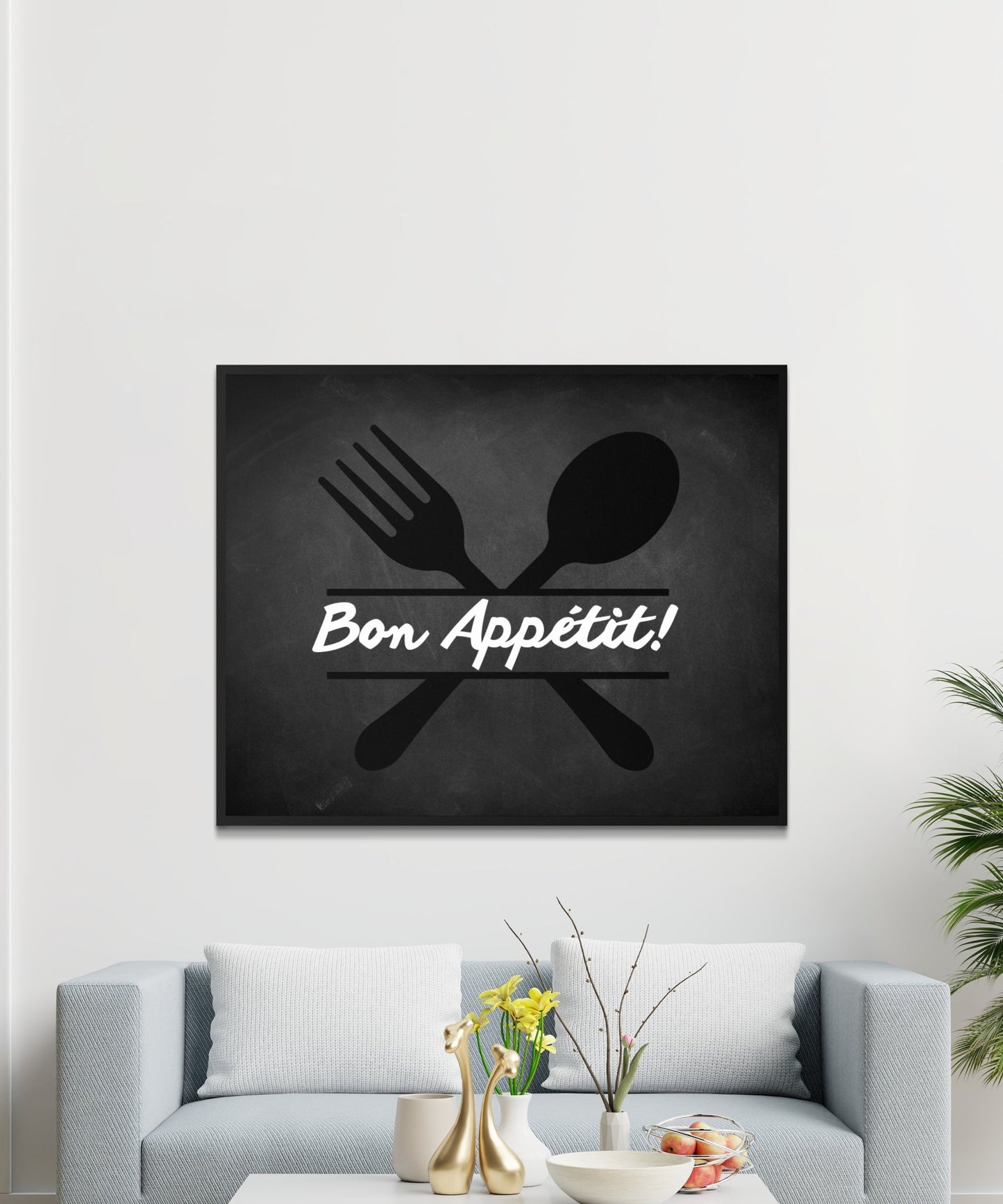 Bon appétit! Fourchette et cuillère tableau noir cuisine impression, décor de café, art mural noir blanc, œuvre d’art numérique chic de salle à manger, couverts