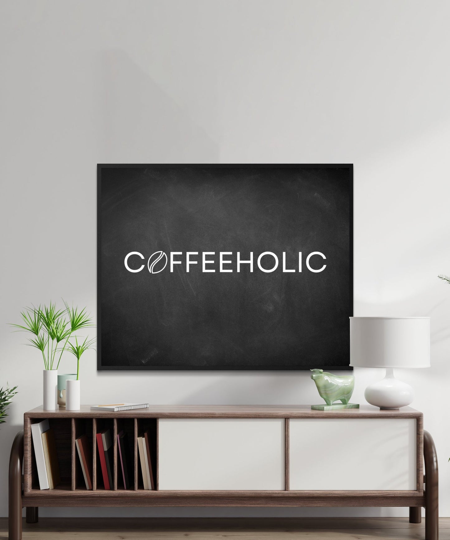 Coffeeholic Modern Chalkboard Style Impression numérique, Art mural de café noir et blanc, Décor de cuisine, Cadeau d’amateur de café, Humour, café-restaurant