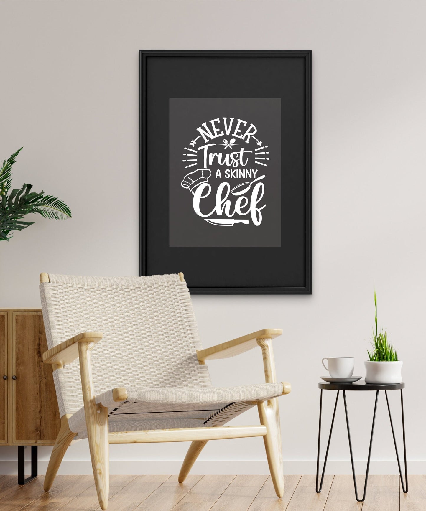 Kitchen Chalkboard Wall Art, Printable Black and White Decor, Never Trust a Skinny Chef Quote