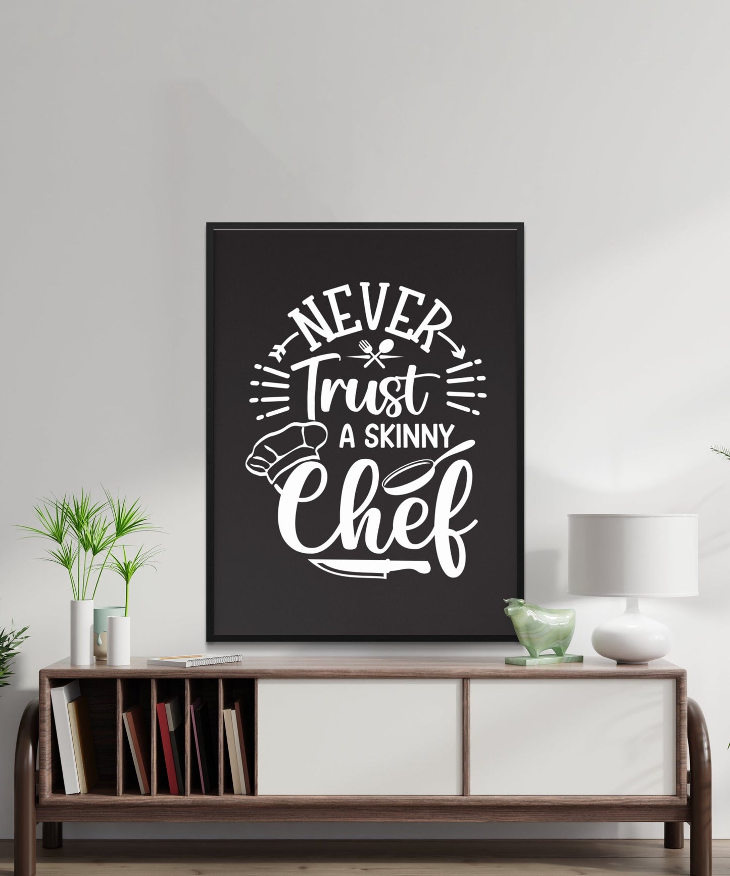 Kitchen Chalkboard Wall Art, Printable Black and White Decor, Never Trust a Skinny Chef Quote