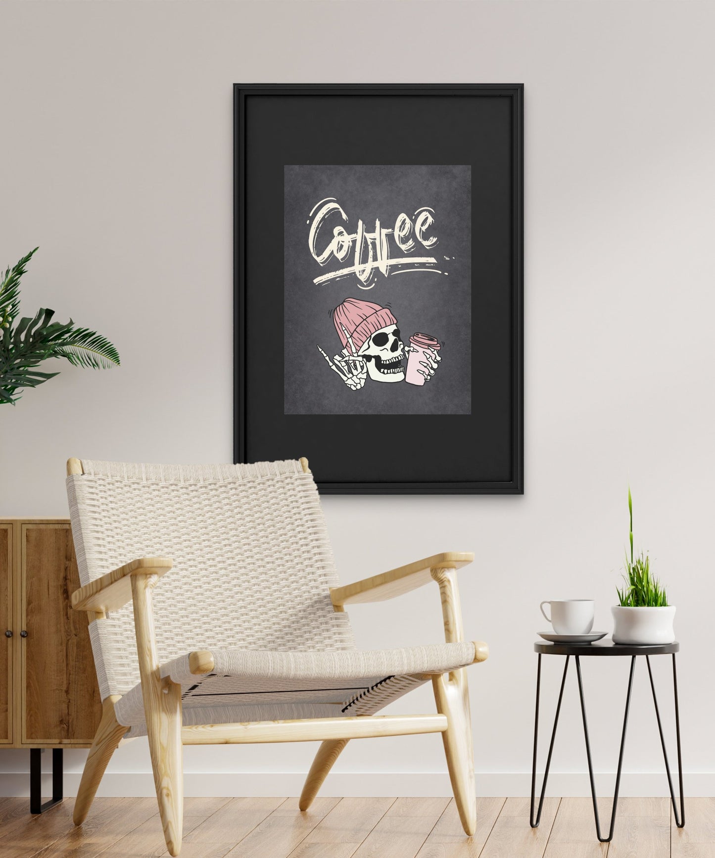 Coffee Skull Art Print: Chalkboard Style Wall Decor, Black & White Hipster Poster