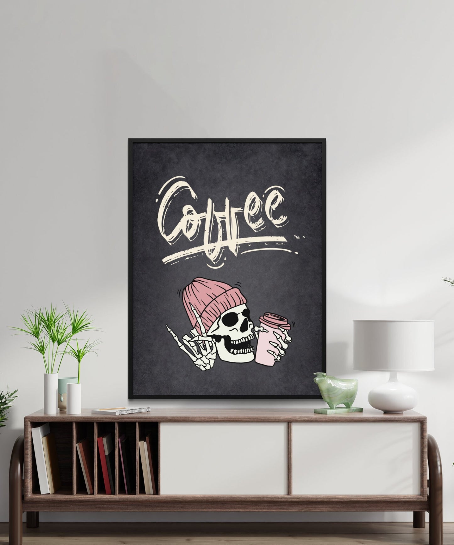 Coffee Skull Art Print: Chalkboard Style Wall Decor, Black & White Hipster Poster