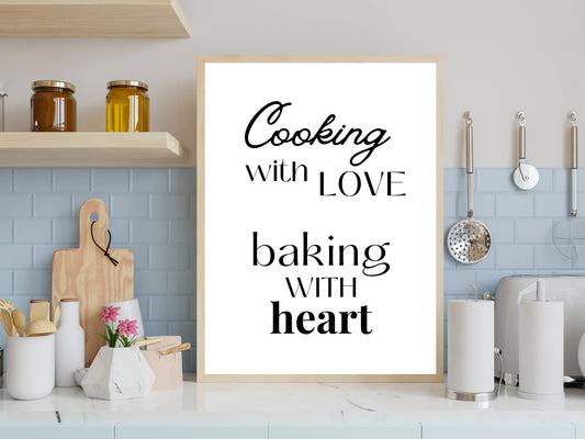 Cooking with Love Baking with Heart Kitchen Wall Art, Affiche d’impression numérique, Décoration intérieure moderne, Citation de typographie imprimable, Noir et blanc