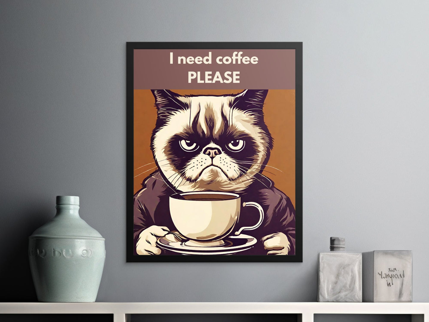 Funny Grumpy Cat Coffee Poster, Kitchen Wall Art Digital Print