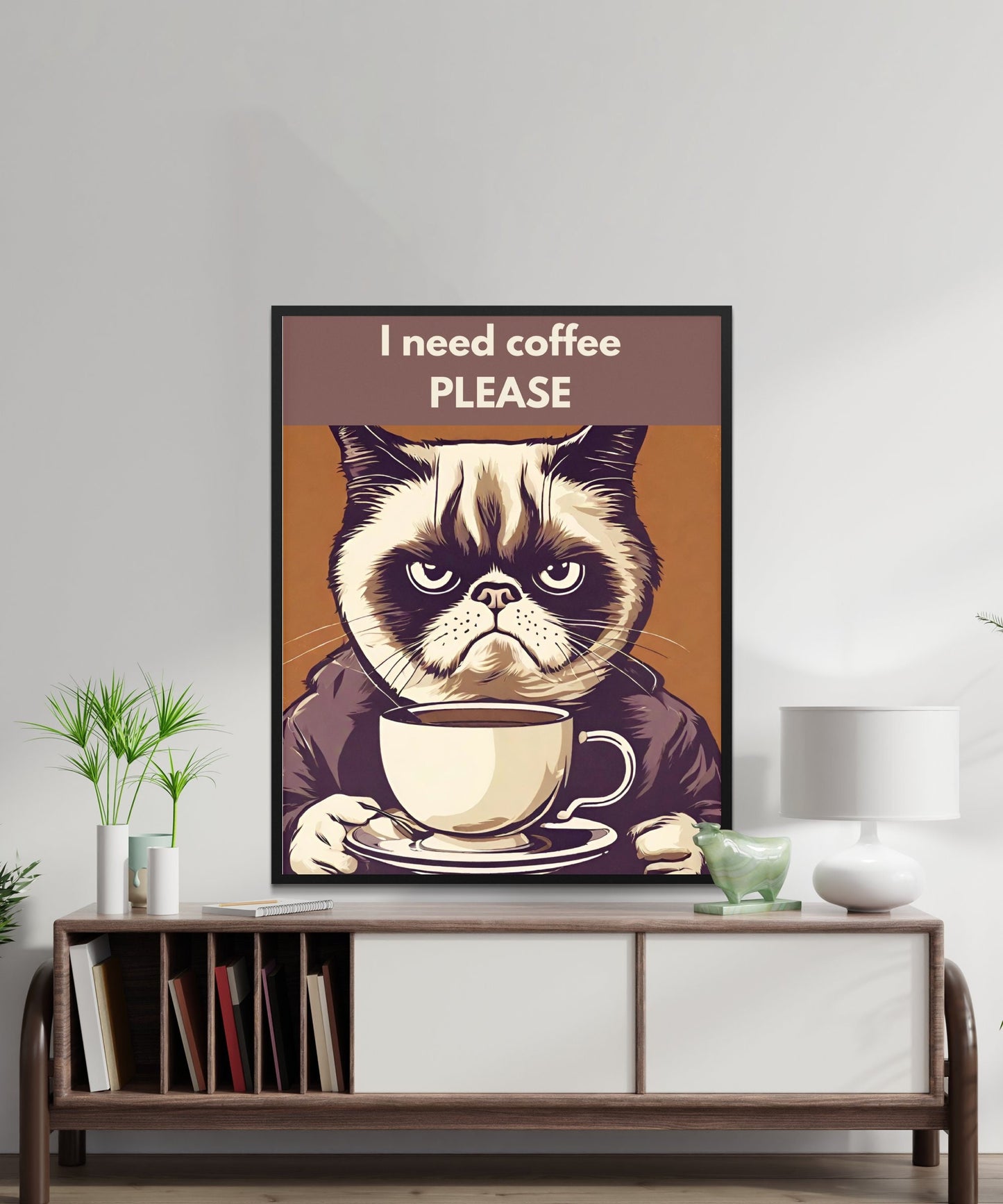 Funny Grumpy Cat Coffee Poster, Kitchen Wall Art Digital Print