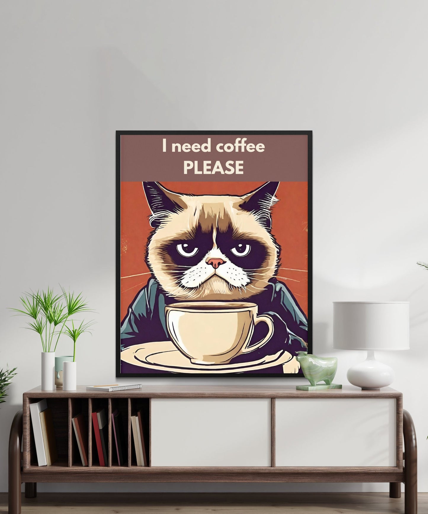 Grumpy Cat Coffee wall art print Lovers, Impression numérique, Funny Kitchen Wall Art, Cafe Decor, I Need Coffee Please Poster, Humour, Bureau