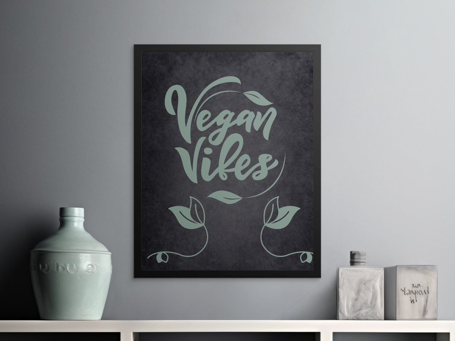 Vegan Vibes Printable Wall Art, Kitchen Decor Digital Poster, Typographie verte moderne, Illustration de style de vie à base de plantes, Cadeau écologique