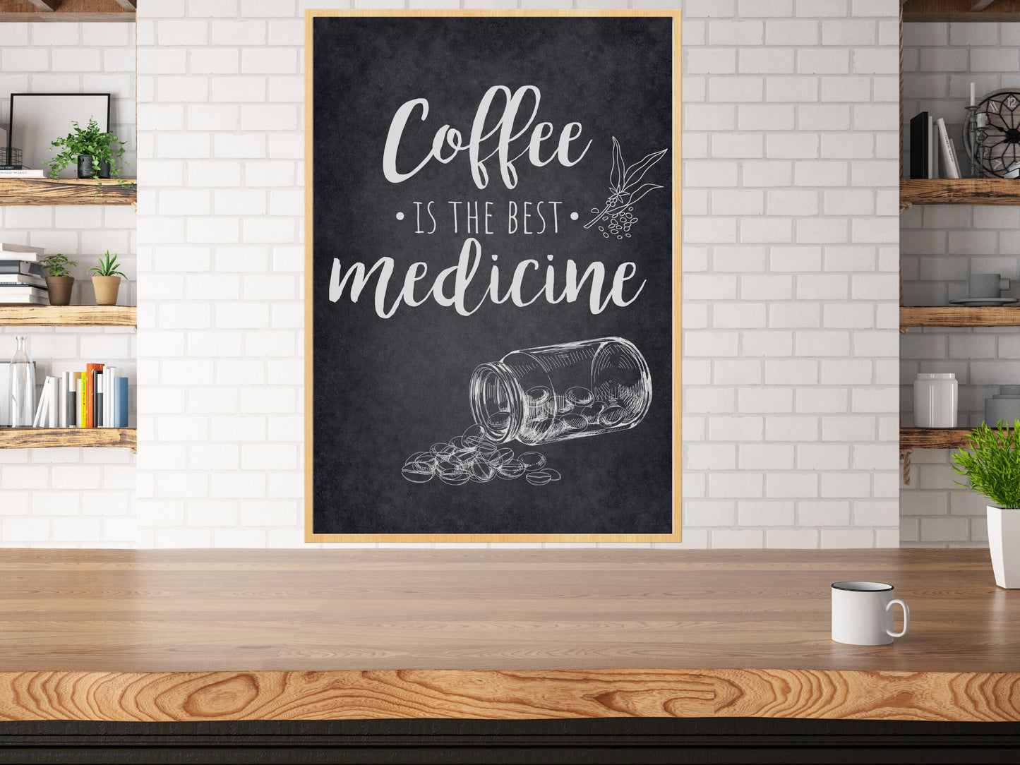 Le café est la meilleure affiche numérique de médecine, art mural de cuisine, décoration intérieure moderne, citation de café imprimable, style minimaliste de tableau noir