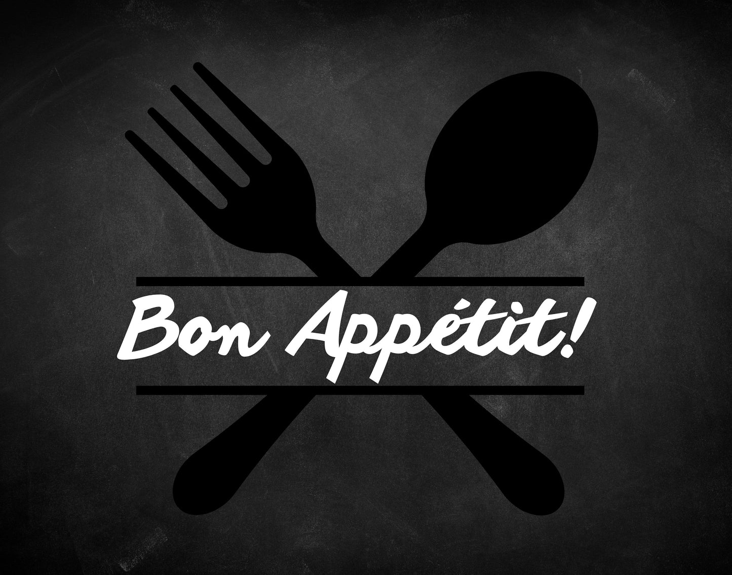 Bon appétit! Fourchette et cuillère tableau noir cuisine impression, décor de café, art mural noir blanc, œuvre d’art numérique chic de salle à manger, couverts