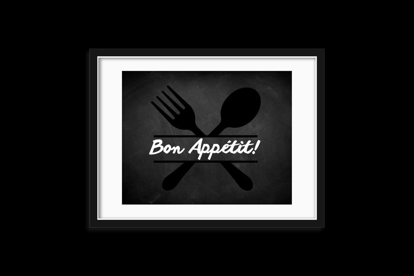 Bon appétit! Fourchette et cuillère tableau noir cuisine impression, décor de café, art mural noir blanc, œuvre d’art numérique chic de salle à manger, couverts