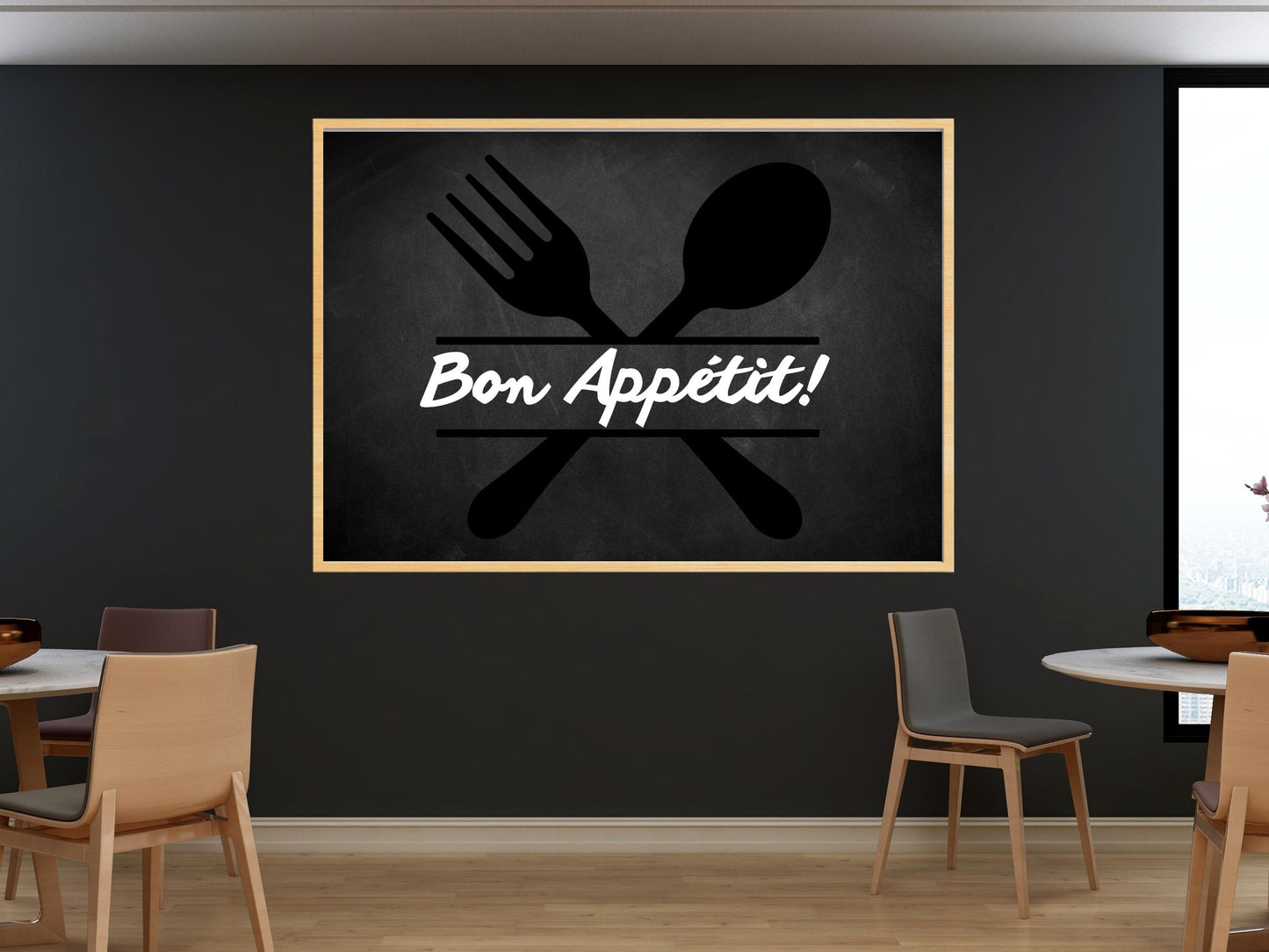 Bon appétit! Fourchette et cuillère tableau noir cuisine impression, décor de café, art mural noir blanc, œuvre d’art numérique chic de salle à manger, couverts