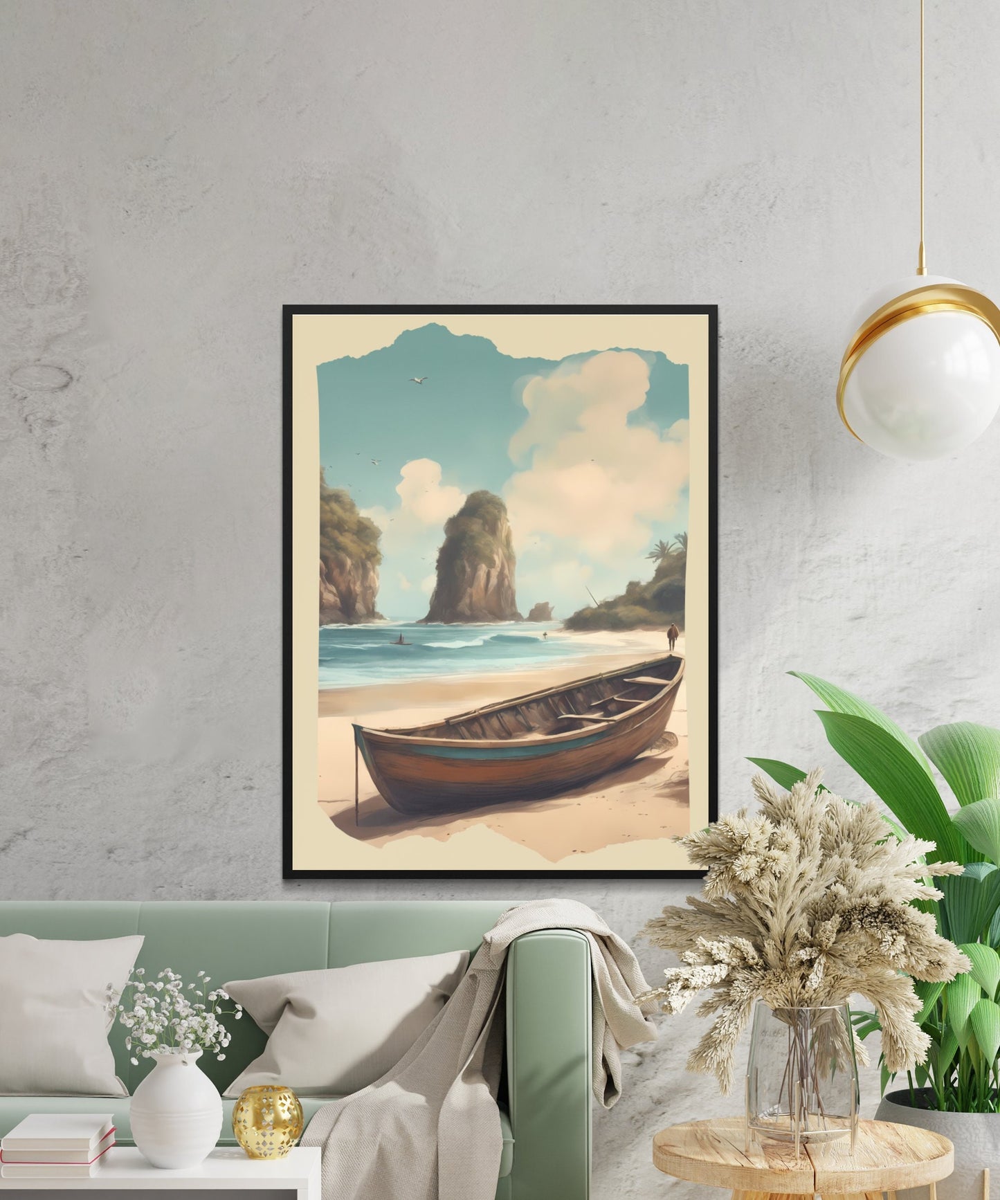 Tropical Beach Digital Print, Serene Ocean View with Boat, Coastal Wall Art Decor, Instant Download