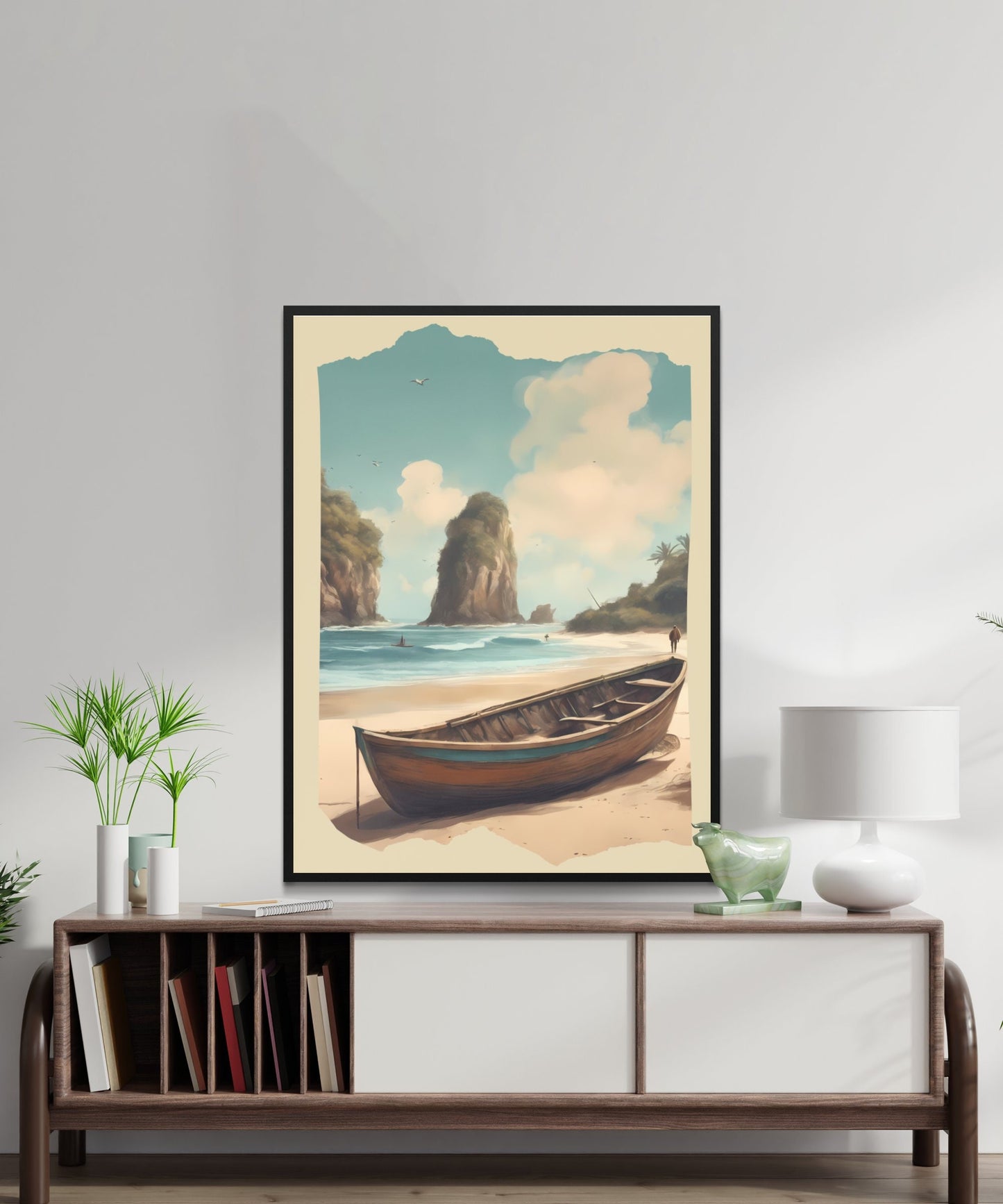 Tropical Beach Digital Print, Serene Ocean View with Boat, Coastal Wall Art Decor, Instant Download