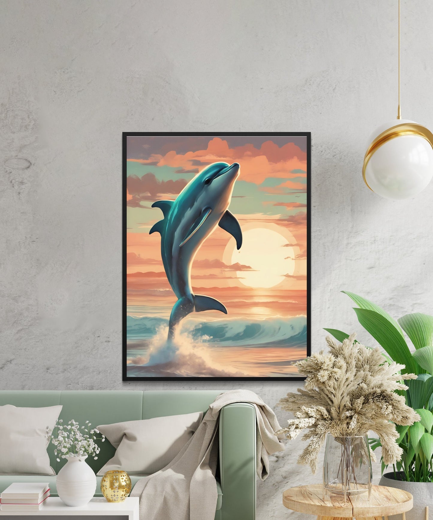 Jumping Dolphin Ocean Sunset Wall Art, Impression numérique, Décoration intérieure côtière, Affiche de paysage marin vibrant