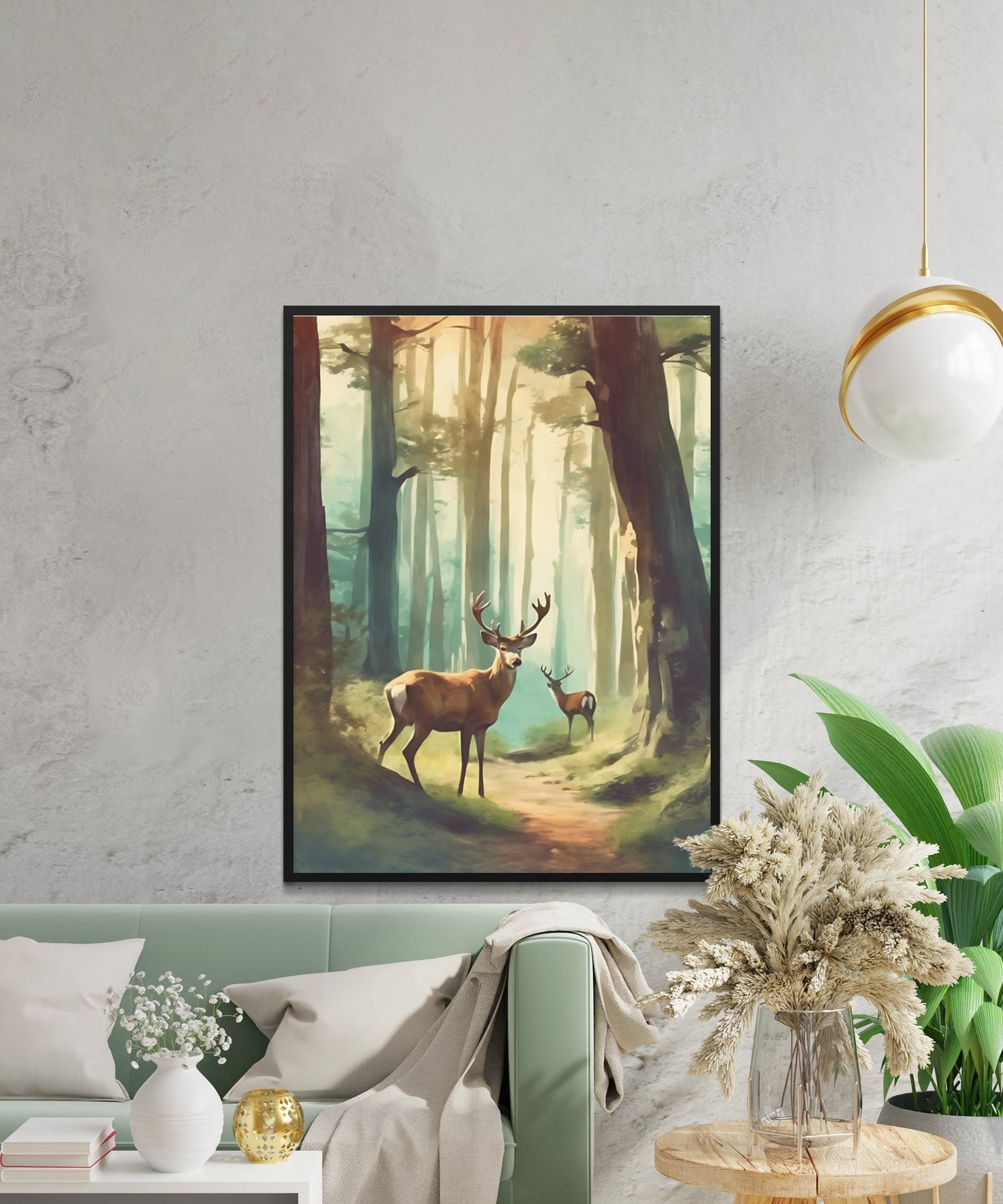 Mystical Forest Deer Scenery Digital Art Print, Décoration murale inspirée de la nature, Téléchargement instantané