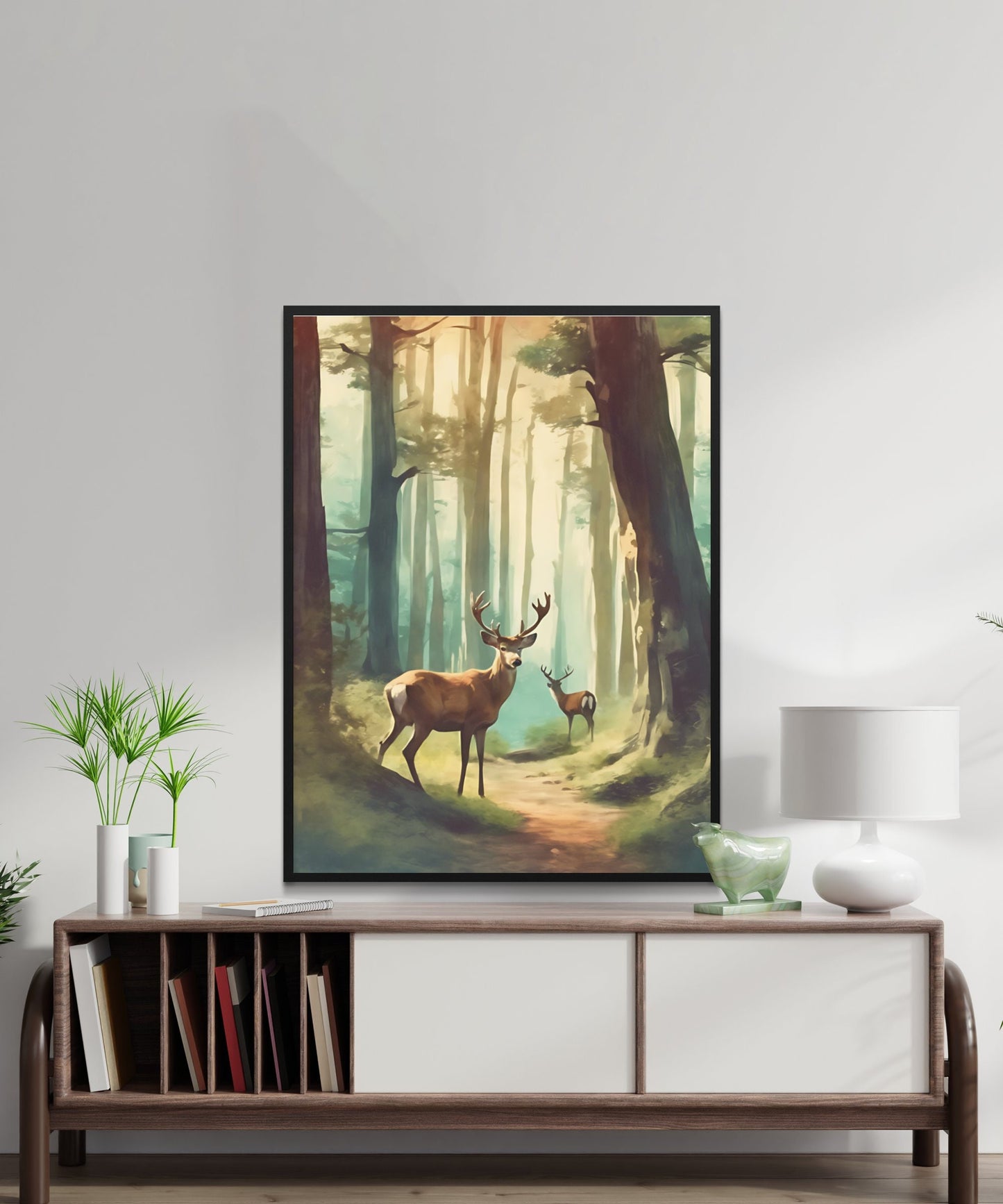 Mystical Forest Deer Scenery Digital Art Print, Décoration murale inspirée de la nature, Téléchargement instantané