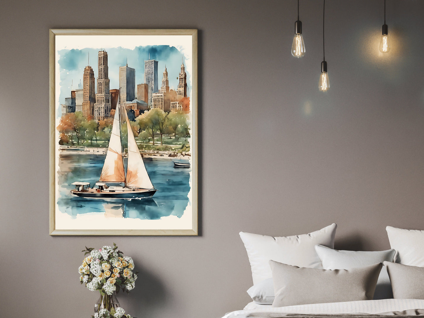 Chicago Skyline Watercolor Print, Sailboat Lake Scene, Urban Cityscape Digital Wall Art, Home Decor