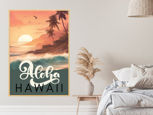 Sunset in Hawaii Beach Scene Wall Art, Aloha Hawaii Tropical Digital Print, Instant Download