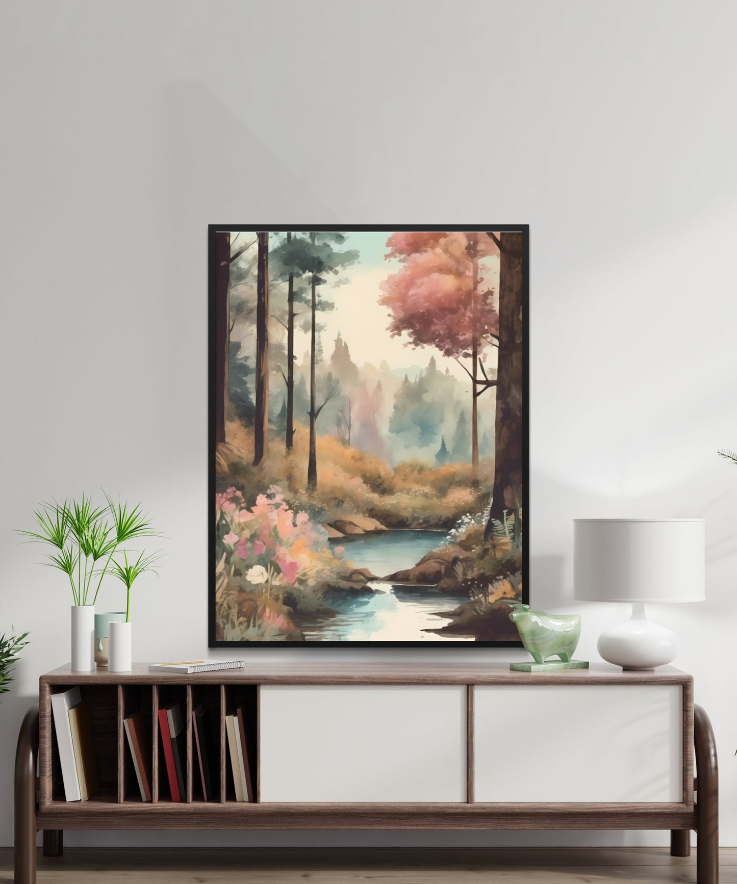 Misty Autumn Forest River: Tranquil Nature Wall Art, Instant Download Print