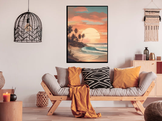 Tropical Beach Sunset Digital Print, Palm Trees Ocean Waves Wall Art, Coastal Home Decor