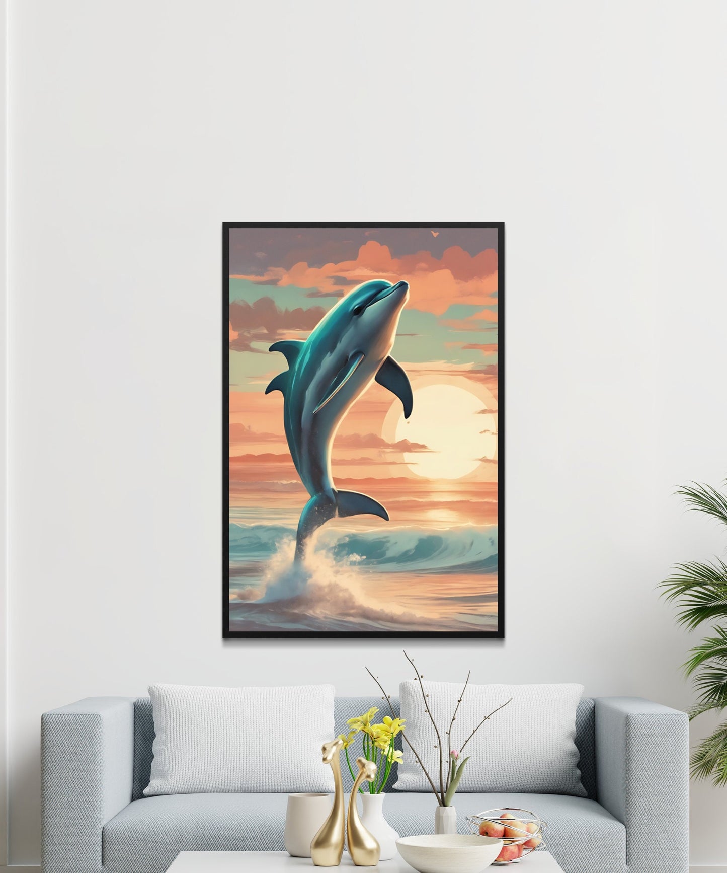 Jumping Dolphin Ocean Sunset Wall Art, Impression numérique, Décoration intérieure côtière, Affiche de paysage marin vibrant