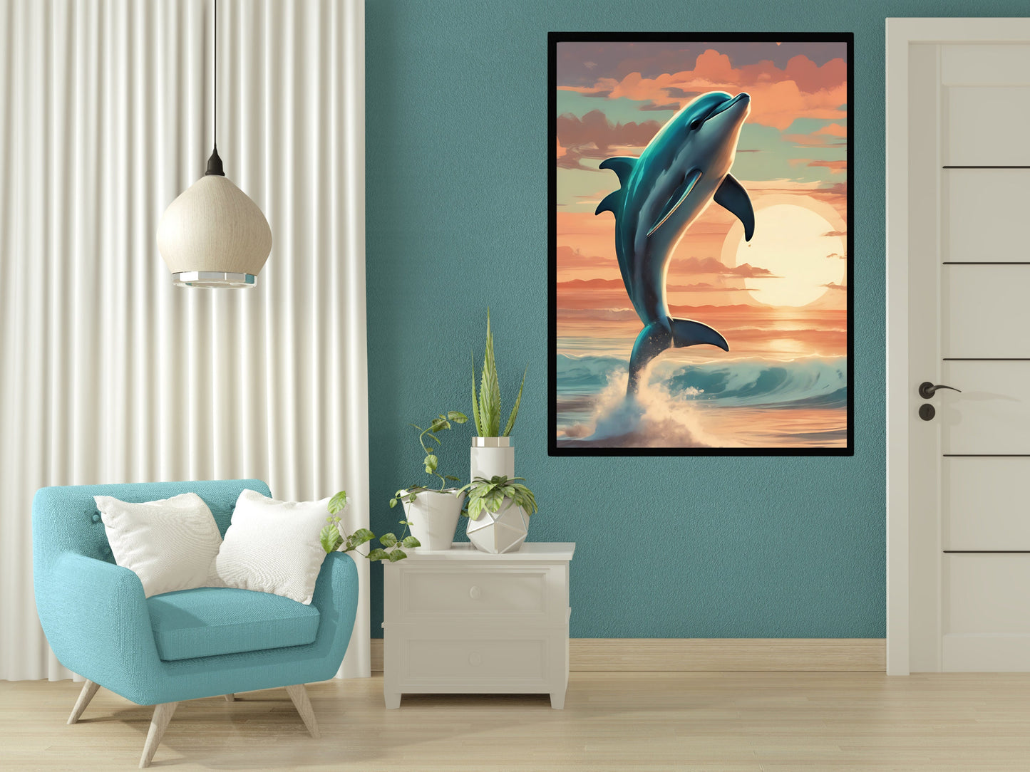 Jumping Dolphin Ocean Sunset Wall Art, Impression numérique, Décoration intérieure côtière, Affiche de paysage marin vibrant