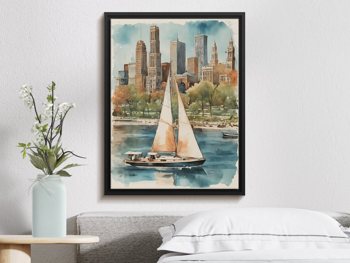 Chicago Skyline Watercolor Print, Sailboat Lake Scene, Urban Cityscape Digital Wall Art, Home Decor