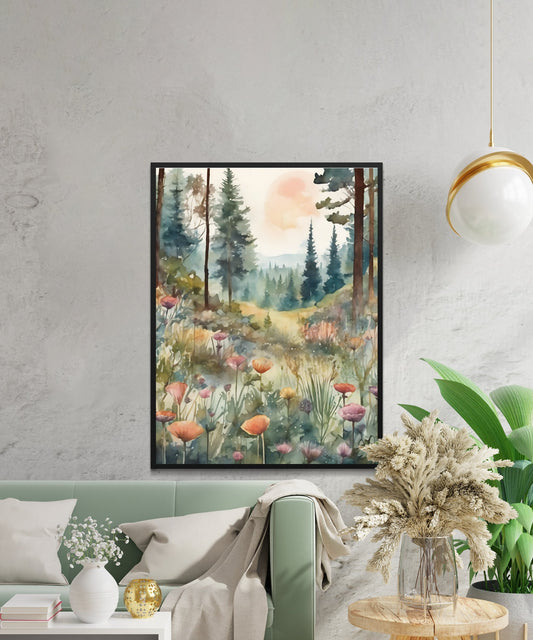 Misty Forest Sunrise Wall Art Digital Print, Nature Landscape with Colorful Wildflowers