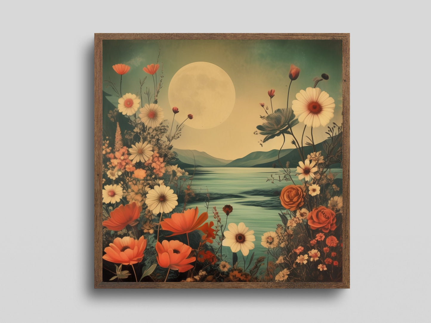 Surréaliste Moonlit Lake Floral Scene Digital Wall Art, Téléchargement instantané, Décoration intérieure, Rapport 1:1 Paysage surréaliste la nuit, montagnes, marguerite